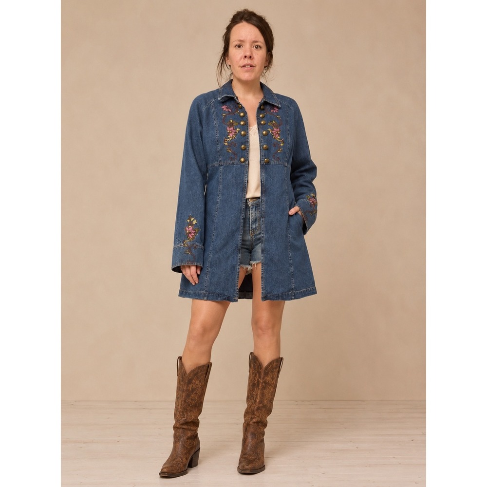 Acacia Embroidered Duster denim Jacket Medium Boho Western lagenlook artsy wear
